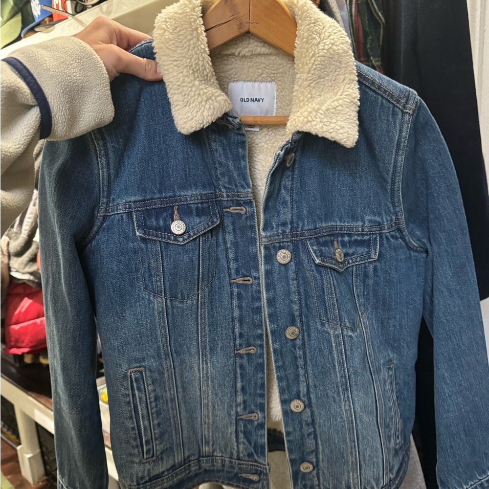 Old Navy Blue Denim Jacket with Cream Sherpa Collar
